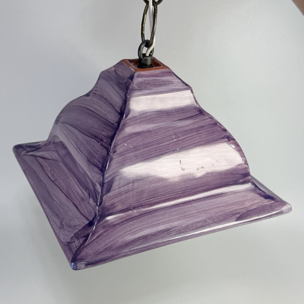 Vintage Mackenzie Childs Pottery Hanging Pendant Light Purple 8" Square 1990s